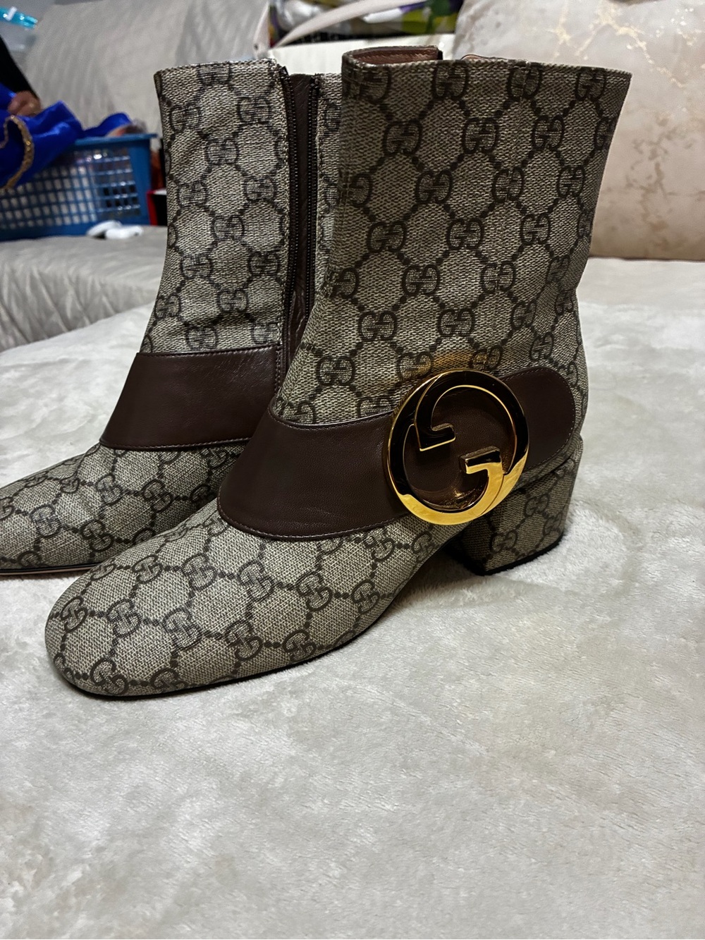 Gucci Beige Monogram Canvas Ankle Boots with Brown Leather Strap and Gold GG